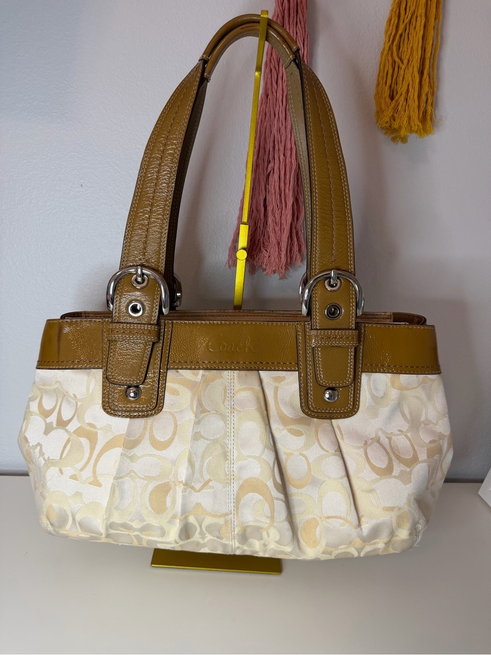 Coach Ivory and Tan Signature Shoulder Bag